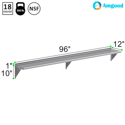 AmGood 12 in. x 96 in. Stainless Steel Wall Shelf | NSF | Metal Shelving | Garage, Laundry, Storage, Utility Room | Restaurant, Commercial Kitchen - size: 12 in. x 96 in.