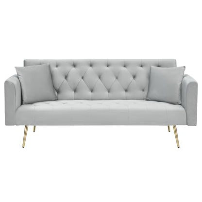 71" Modern Velvet Sofa Bed Futon, Convertible Sleeper Couch, Adj. Backrest | Tufted Recliner Loveseat Design with Golden Chrome Legs & 2 Pillows, Perfect for Small Spaces, Living Room, Apartment - color: Grey