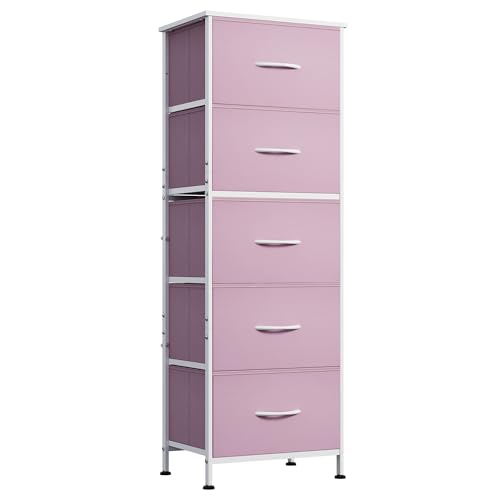 WLIVE Tall Dresser for Bedroom, 5 Drawer Dresser, Pink | 5 vertical fabric drawers, Tall vertical design, Bedroom or closet use, Dresser for small spaces, Chest of drawers - color: Cloudy Pink