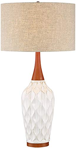 Rocco 30" Large Table Lamp White Ceramic Wooden Geometric Wave Oak | Mid-Century Neck Mid Century Modern Cottage Living Room Bedroom House Bedside Nightstand Home Office Tan Drum Shade - color: White Ceramic