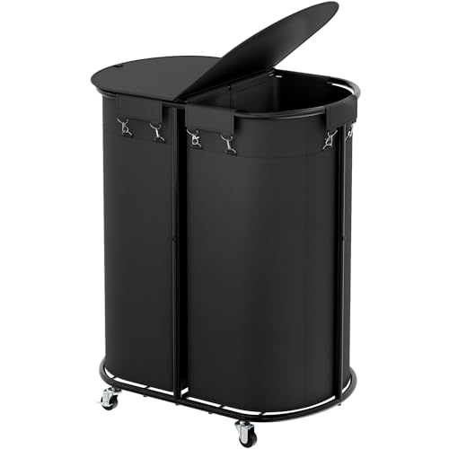 200L Double Laundry Hamper with Lid & Wheels, Oval Rolling Laundry Basket | Gasvadivum Sturdy Metal Large Laundry Cart with 2 Removable Bags, Dirty Clothes Hamper 2 section for Bathroom, Bedroom, Black - color: Black, size: 200L(24.8"L x 16.9"W x 31.5"H)