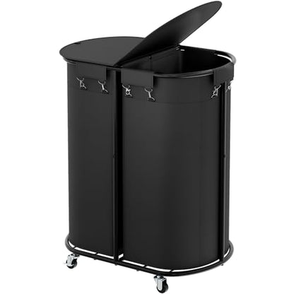 200L Double Laundry Hamper with Lid & Wheels, Oval Rolling Laundry Basket | Gasvadivum Sturdy Metal Large Laundry Cart with 2 Removable Bags, Dirty Clothes Hamper 2 section for Bathroom, Bedroom, Black - color: Black, size: 200L(24.8"L x 16.9"W x 31.5"H)