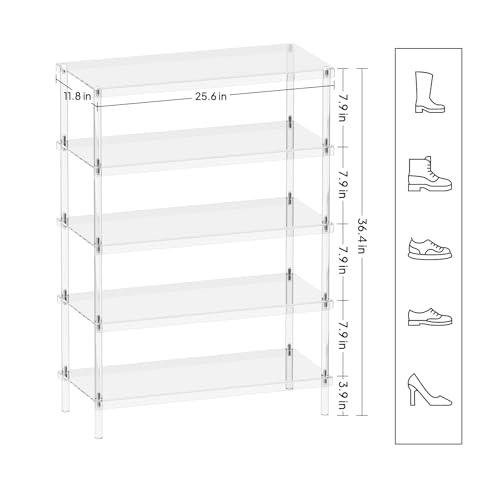 Aquiver 5-Tier Acrylic Shoe Rack - Clear Shoe Rack Organizer - Modern Shoe Storage Shelf, Holds 15-18 Pairs of Shoes for Entryway, Closet - 25.6'' L x 11.8'' W x 36.4'' H, Easy Assembly & Clean - size: 25.6''L x 11.8''D x 36.4''H