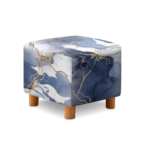 Gray Blue Marble Print Square Ottoman Cover Soft Fabric Ottoman Slipcover for Living Room Decor Stretchable Footrest Stool Covers for Square Ottomans - color: Gray Blue Marble