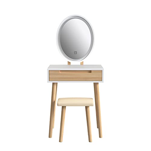 YOURLITE Makeup Vanity Table Set with 3 Modes Adjustable Lighted Mirror Cushioned Stool, Dressing Table for Small Space | 3 Lighting Modes, Adjustable Brightness, Cushioned Stool, Dressing Table, Compact Design, for Small Spaces - size: 24", style: Oval M