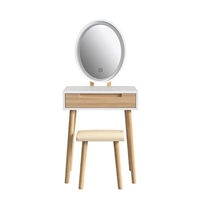 YOURLITE Makeup Vanity Table Set with 3 Modes Adjustable Lighted Mirror Cushioned Stool, Dressing Table for Small Space | 3 Lighting Modes, Adjustable Brightness, Cushioned Stool, Dressing Table, Compact Design, for Small Spaces - size: 24", style: Oval M
