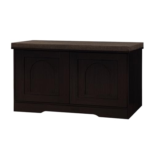 Shoe Storage Bench with Cushion, Door, Espresso 31.5" LX17.7 H | Entryway Bench, 2-Tier Cabinet Bench, Widened Cubby, Fully Adjustable Shelves for Boots, Easy Assembly, Farmhouse, Bedroom - color: Espresso, size: 31.5”L x 17.7”H