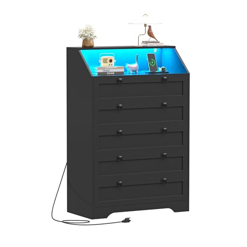 Black Dresser Tall 5 Drawer Dresser for Bedroom, Wood Chest of Drawers with LED Lights, Charging Station, Metal Handles, Modern Storage Cabinet and Organizer Drawers for Living Room, Hallway - color: Black, style: LED Tall 5 Drawers