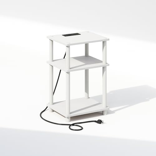 Furinno JUST Night Stand, 3-Tier Turn-N-Tube Nightstand with Charging Station, Bedside Table, End Table, Side Table with USB and Type-C Port, for Bedroom, Closet, Dorm, White - color: White/White, size: 3-Tier, Charging Station