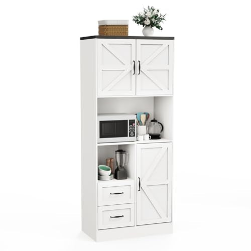 Farmhouse Kitchen Pantry Cabinet with LED Lights and Power Strip, Tall Kitchen Storage Cabinet, Kitchen Hutch with Microwave Stand & Barn Doors and Drawers for Dining Room (White) - color: White, style: Modern