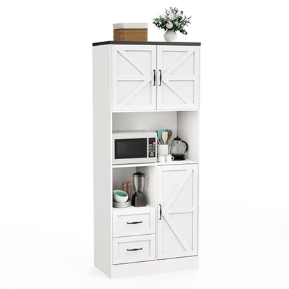 Farmhouse Kitchen Pantry Cabinet with LED Lights and Power Strip, Tall Kitchen Storage Cabinet, Kitchen Hutch with Microwave Stand & Barn Doors and Drawers for Dining Room (White) - color: White, style: Modern