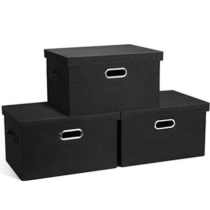Graciadeco Medium 15" 21 Quart Collapsible Stackable Storage Bins with Lids, 3 Packs Black Foldable Fabric Closet Boxes Heavy-duty Lidded Linen Cube Basket Container Organizer and Storage for Bedroom | 21 Quart 3 Pack Black Collapsible Stackable Linen Fab