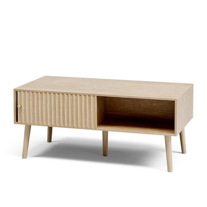 LCRBOL Coffee Table with Fluted Sliding Door, Modern, Natural | 39.3"L x 19.7"W x 17.1"H, double-sided sliding door & open shelf (7.5" clearance), golden knob, 5 tapered legs - color: Oak(lsj012-n)