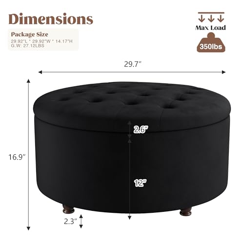 30 Inch Round Storage Ottoman,Modern Tufted Ottomans,Circular Coffee Table with Removable Top,Upholstered Large Ottoman with Storage Footrest Stool for Bedroom Living Room (Black) - color: Black, size: 30"D x 30"W x 16.9"H