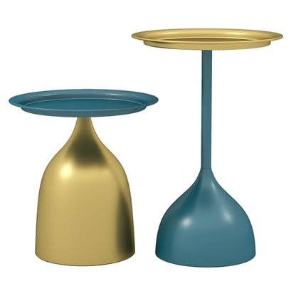 Benkyo Blue and Gold Nesting Tables Pedestal Coffee Table Set of 2 Round Side Tables Metal End Table Small Circle Modern Sofa Table for Living Room - color: Blue and Gold