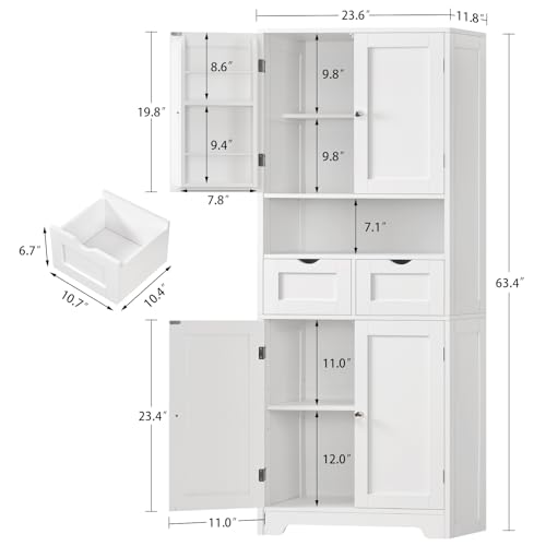 Kitchen Pantry Cabinet with Adjustable Shelf, Tall Storage Cabinet with 2 Drawers & 4 Door Shelves, Food Pantry Cabinets, for Kitchen, Dining Room, Living Room, White - color: White