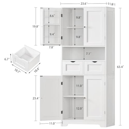 Kitchen Pantry Cabinet with Adjustable Shelf, Tall Storage Cabinet with 2 Drawers & 4 Door Shelves, Food Pantry Cabinets, for Kitchen, Dining Room, Living Room, White - color: White