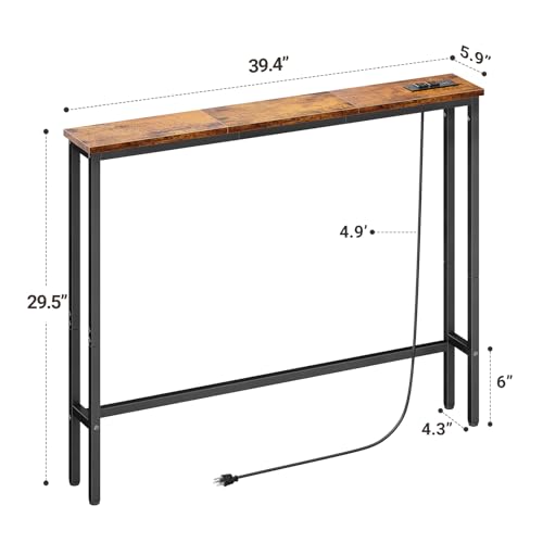 ELYKEN 39.4'' Narrow Console Table with Outlet, Sofa Table Behind Couch | Skinny Entryway Tables with Charging Station for Living Room, Hallway, 5.9 x 39.4 x 29.5in, Rustic Brown - color: Rustic Brown, size: 5.9"DX39.4"WX29.5"H