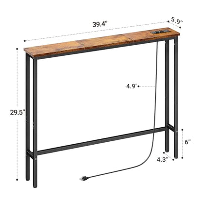 ELYKEN 39.4'' Narrow Console Table with Outlet, Sofa Table Behind Couch | Skinny Entryway Tables with Charging Station for Living Room, Hallway, 5.9 x 39.4 x 29.5in, Rustic Brown - color: Rustic Brown, size: 5.9"DX39.4"WX29.5"H