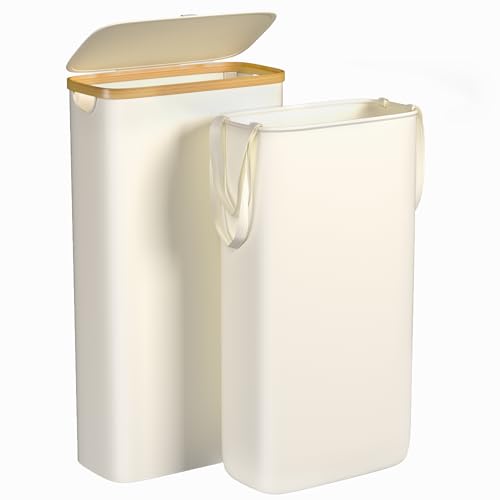 Foluck Slim Laundry Hamper, 60L Waterproof Narrow Laundry Basket with Lid and Removable Bag, Collapsible Tall Clothes Hamper with Bamboo Handles for Clothes Toys in Dorm Bedroom Bathroom, Beige - color: Beige, size: 60L