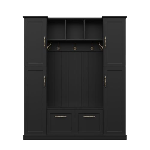 JIVOIT Farmhouse Hall Tree with 4 Side Cabinets, Adjustable Shelves & Open Cubbies, All-in-One Mudroom Furniture, Beadboard Entryway Bench with Coat Rack & 5 Hooks for Hallway (Black,152) - color: Black,152
