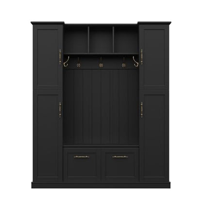 JIVOIT Farmhouse Hall Tree with 4 Side Cabinets, Adjustable Shelves & Open Cubbies, All-in-One Mudroom Furniture, Beadboard Entryway Bench with Coat Rack & 5 Hooks for Hallway (Black,152) - color: Black,152