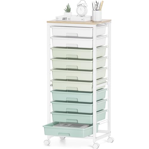 Sykiariol 10 Drawer Rolling Cart,Green | Rolling Cart for Craft Storage,Storage Cart with Lockable Wheels and Wooden Tabletop for Classroom,Office,Living Room - color: Green
