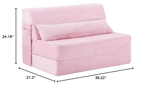 Convertible Folding Sofa Bed Mattress with Pillow & Side Pocket, Plush Fabric Floor Mattress Couch Bed, Washable Cover, Twin Size, Pink - color: Plush Pink, size: Twin Size