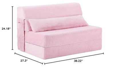 Convertible Folding Sofa Bed Mattress with Pillow & Side Pocket, Plush Fabric Floor Mattress Couch Bed, Washable Cover, Twin Size, Pink - color: Plush Pink, size: Twin Size