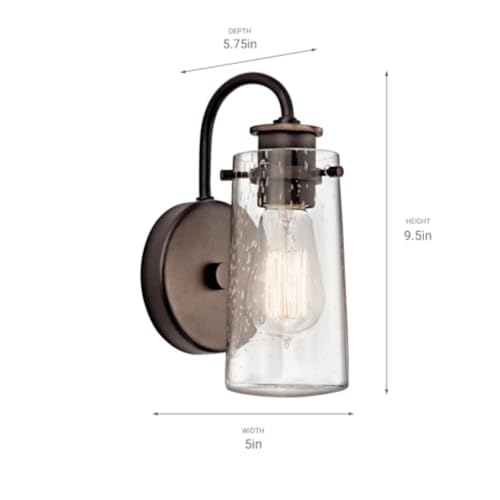 Kichler Braelyn 9.5" Wall Sconce in Olde Bronze®, 1-Light Industrial Wall Mount with Clear Seeded Glass, (9.5" H x 5" W), 45457OZ | Clear seeded glass delivers textured illumination in bathrooms, hallways, bedrooms and living spaces, 45457OZ - color: Old