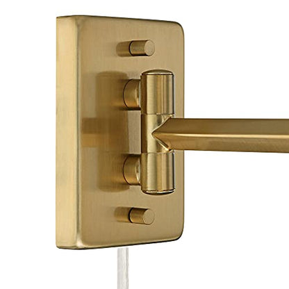 Valentine Warm Gold Swing Arm Plug-In Wall Lamps Set of 2 Light Fixture | Modern White Linen Hardback Shade for Bedroom Bedside House Reading Living Room Home Hallway Dining