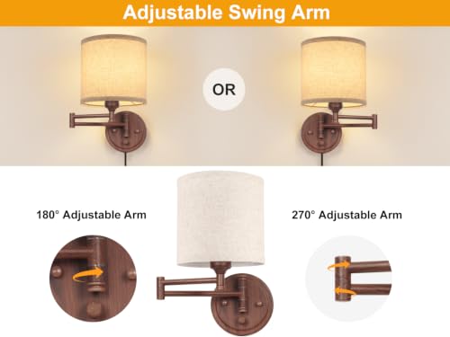 GOODATE Plug in Wall Sconces with Remote Control, Dimming & Adjustable Colors 2700K-6500K, Hardwire or Plug-in, Swing Arm Wall Lamp, Wall Sconces Set of Two, Linen Fabric Shade, Walnut Finish - color: Walnut & Linen