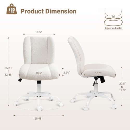 Vanity Chair with Wheels, Armless Office Chair Height Adjustable, Cute Desk Chair with Soft Lumbar Support for Small Space, Bedroom, Make-up Room, White - color: White