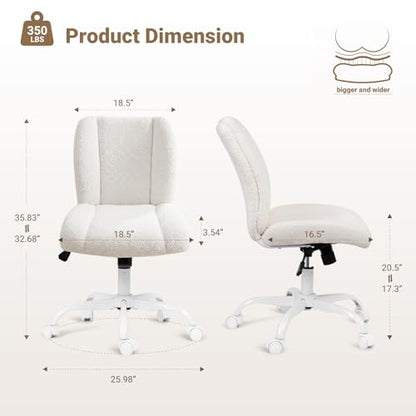 Vanity Chair with Wheels, Armless Office Chair Height Adjustable, Cute Desk Chair with Soft Lumbar Support for Small Space, Bedroom, Make-up Room, White - color: White