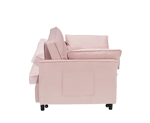 55" Pull Out Sleeper Sofa, Velvet Loveseat with Side Pockets,Pink | Velvet upholstery, 5-level adjustable back, Pull-out bed design, Sturdy frame with side pockets - color: Pink