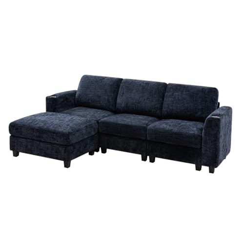 87" Chenille L-Shape Sectional Sofa with Cup Holders, Blue | Convertible 3 Seater Couch with Removable Ottoman, Upholstered Sofa with Thickened Seat Cushion for Living Room, House - color: Blue, size: 87" L-Shape