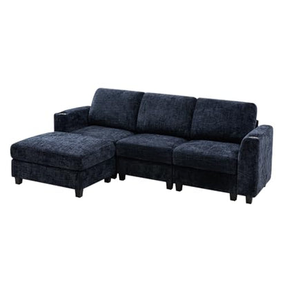 87" Chenille L-Shape Sectional Sofa with Cup Holders, Blue | Convertible 3 Seater Couch with Removable Ottoman, Upholstered Sofa with Thickened Seat Cushion for Living Room, House - color: Blue, size: 87" L-Shape