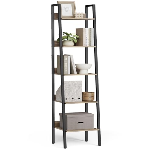 VASAGLE Bookshelf, 5-Tier Narrow Book Shelf, 11.8 x 13.3 x 66.9 Inches, Ladder Shelf for Home Office, Living Room, Bedroom, Kitchen, Camel Brown and Ink Black ULLS109B50V2 - color: Camel Brown + Ink Black, size: 5 Tiers (13.3"W), style: With back panels