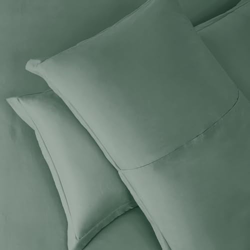 Hearth & Harbor 7 Piece Queen Duvet Cover & Bed Sheet Set, Sage Green | Soft Double Brushed Bedding Set, All Season, Easy Care, Includes Duvet Cover, Fitted Sheet, Flat Sheet, Pillowcases & Shams - color: 13 - Sage Green, size: Queen 7-Piece Set (no comfo