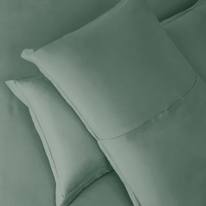 Hearth & Harbor 7 Piece Queen Duvet Cover & Bed Sheet Set, Sage Green | Soft Double Brushed Bedding Set, All Season, Easy Care, Includes Duvet Cover, Fitted Sheet, Flat Sheet, Pillowcases & Shams - color: 13 - Sage Green, size: Queen 7-Piece Set (no comfo