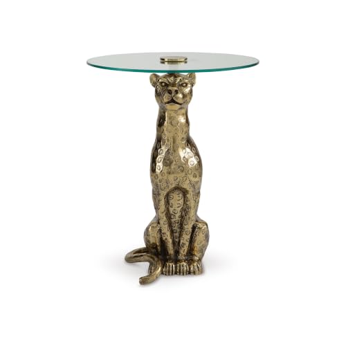 Signature Design by Ashley Vallain Leopard Gold Side Table Glass End Table | Heavyweight 40 lbs cast aluminum leopard base, Durable 18-inch tempered glass top, Compact 23.5-inch height for sofa side use