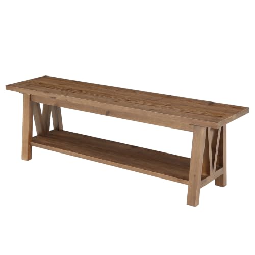 LITTLE TREE 55" Solid Wood Entryway Bench with Storage Shelf | Farmhouse Rustic Shoe Storage Bench Seat for Hallway, Living Room, Bedroom & Mudroom