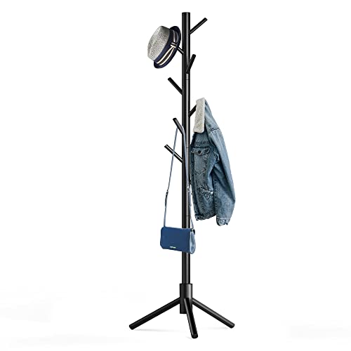 Hupmad Wooden Tree Coat Rack Stand,Sturdy Freestanding Coat Rack with 8 Hooks,3 Adjustable Height for Child Adult,Wood Coat Stand Tree Fits Entryway Bedroom Office for Bags,Hats - color: Black, size: 1 PC
