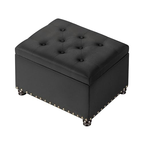 24" Storage Ottoman, Fabric Ottoman Foot Rest Stool with Hinged Lid, Tufted Rectangle Upholstered Footstool, Load Up to 350 lb, for Living Room, Bedroom, Dorm, Black - color: Fabric Black