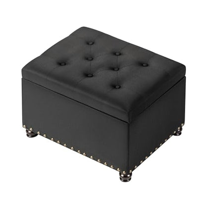 24" Storage Ottoman, Fabric Ottoman Foot Rest Stool with Hinged Lid, Tufted Rectangle Upholstered Footstool, Load Up to 350 lb, for Living Room, Bedroom, Dorm, Black - color: Fabric Black