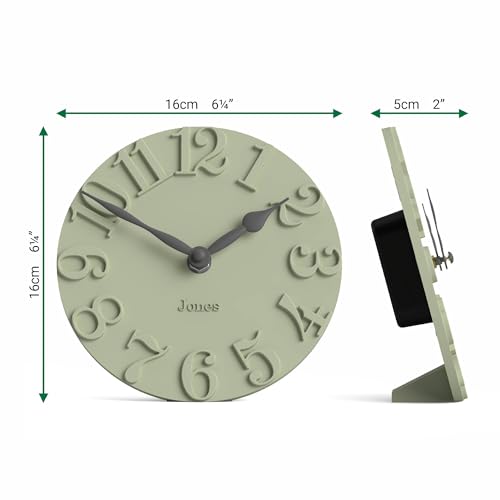 JONES CLOCKS® Hampstead Desk Clock | Freestanding | Sage Green | Elegant Raised Moulded Numerals | Ideal for Shelf, Mantel, Living Room, Home Office or Bedside - color: Sage Green