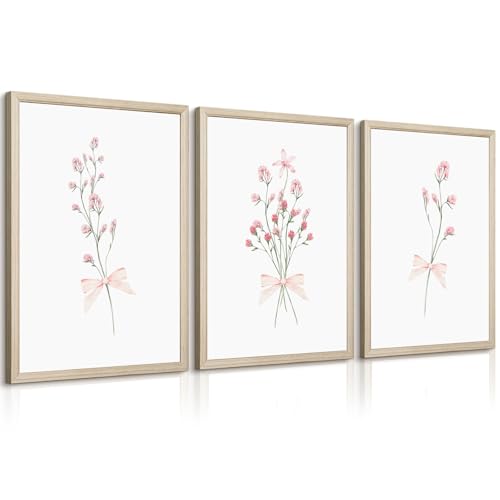 Nursery Flower Wall Art Girl Floral Canvas Wall Decor Boho Wildflower Art Poster Pink Bow Pictures Nursery Floral Prints Vintage Botanical Artwork for Girls Room Bedroom 16x24 Inch Wood Framed 3Pcs - color: Girls Floral Art, size: 16''x24'' Framed