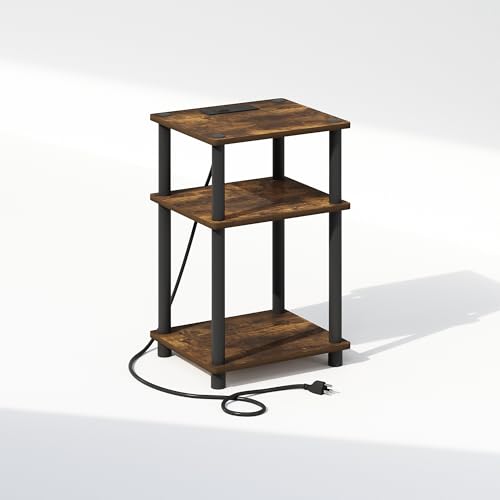 Furinno JUST Night Stand, 3-Tier Turn-N-Tube Nightstand with Charging Station, Bedside Table, End Table, Side Table with USB and Type-C Port, for Bedroom, Closet, Dorm, Amber Pine - color: Amber Pine/Black, size: 3-Tier, Charging Station