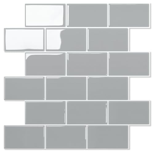 STICKGOO Subway Tile Peel and Stick Backsplash, Thicker Design 12" x 12" Stick on Backsplash Tiles for Kitchen, Bathroom, Wall Tile (10 Sheets, Light Grey) - color: Light Grey With White Grout