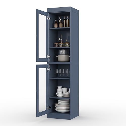Solid Wood Kitchen Pantry Cabinet w/Glass Doors - Narrow Storage Cabinet - 16.5" Wide x 71.5" Tall - Antique Blue, Adjustable Shelves, 100% Eco-Friendly Wood, Modular Cabinets - color: Antique Blue, style: Clear Glass Doors